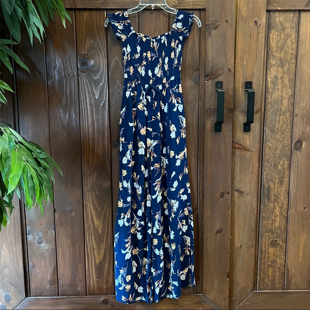 Band of Gypsies Blue Boho Floral Off the Shoulder Jumpsuit